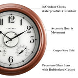 CLXEAST 18 Inch Illuminated Outdoor Indoor Clocks with Smart Sensor,Modern Farmhouse Lighted Wall Clock with Temperature and Humidity for Patio, Garden Decor,Copper/Rose Gold Finish
