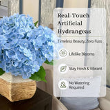 NINTYNINE Hydrangea Artificial Flowers, 4Pcs Real Touch Faux Hydrangea with Long Stem and Leaves, Lifelike Fake Flowers for Outdoor Planters Garden Porch Yard Home Decor, Wedding Bouquets, Light Blue