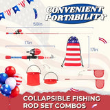 WIDDEN Kids Fishing Pole - Portable Telescopic Fishing Rod Set with Spincast Reel, Net, Bucket and Tackle Box - Patriotic American Flag Fishing Gear for Boys Girls Youth - 4th of July Gift