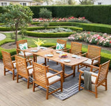 PHI VILLA 9 Pieces Acacia Wood Patio Dining Set for 8, Expandable Teak Dining Table & Wooden Chairs with Cushions
