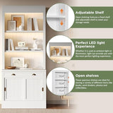 Merax Modern Bookcase with Sliding Doors,83.4" Tall Bookshelf with Open Shelves and LED Lighting,Storage