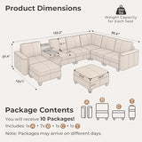 Mid Century Modern Sectional Couches for Living Room, 8 Seat V Shaped Couch with Chaise and Versatile Console