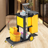3-Shelf Commercial Cleaning Cart, Housekeeping Caddy with Locker,Wheeled with Yellow Vinyl Bag,