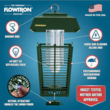 Flowtron Bug Zapper, 1 Acre of Outdoor Coverage with Powerful 40W Bulb & 5600V Instant Killing Grid, Electric Insect, Fly & Mosquito Zapper, Made in The USA - Green Color
