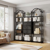 Triple Wide 6 Tier Bookshelf, Black Arched Bookcase with 16 Open Display Shelves and 3 Fabric Storage Drawers,