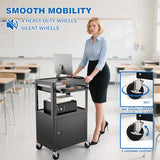 Steel Large AV Cart with Locking Cabinet - Adjustable Height Media Carts with Wheels, Pullout Tray, Power Strip for Mobile Work Station