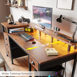 Furologee 60" Computer Desk with File Cabinet and Storage Shelves, Reversible Home Office Desk with LED Lights, Full Monitor Stand, Power Outlets