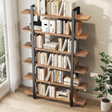 IBF 6 Tier Solid Wood Bookcase, Industrial Natural Real Wood Metal Tall Book Shelf