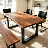 Wood Dining Room Table，Rustic Live Edgesolid Wood Farmhouse