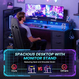 51 Inch Gaming Desk with Power Outlet and LED Lights, Computer Desk with 4 Drawers & Storage Shelves, Reversible Home Office Desk