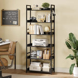 Rolanstar Bookshelf 6 Tier with 4 Hooks, Industrial Wood Bookcase, Vintage Storage Rack with Open Shelves, Black