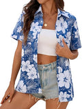 AUGCONE Hawaiian Shirts for Women Tropical Button Top(Blue White Floral, XXL