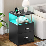 AOGLLATI Nightstand with Charging Station and LED Lights, Nightstands Set of 2, Bedside Table with Open Storage and 2 Drawers, 2 USB Ports, 2 Outlets, Modern End Side Table for Bedroom, Black