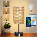 Touch Table Lamp For Bedroom with Bulb, Boho Small Desk Lamp For Living Room With Rattan & Linen Shade