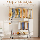 JIEJIERUI Double Rods Clothing Rack, Heavy Duty Clothes Rack for Hanging Clothes Load 560LBS, Metal Rolling Garment Racks with Wheels, Silver