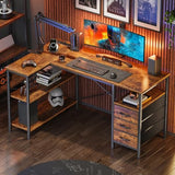 Huuger L Shaped Office Desk with Power Outlets, 47 Inch Computer Desk with 3 Drawers, Rustic Brown