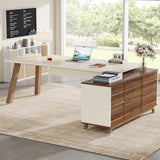 78.7-Inch Executive Desk, L-Shaped Desk with 55-Inch Cabinet, Large Office Desk with Storage Shelves, White & Walnut