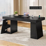 55.9 in Executive Desk with Power Outlets, Modern Home Office Desk with Storage Cabinet, Black (Storage Cabinet)