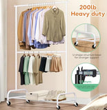 SLEEPING LAMB Double Rod Heavy Duty Clothes Racks for Hanging Clothes, Metal Rolling Garment Rack With Wheels Clothes Hanger Rack (White)