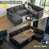 Huatean Home 105" U-Shape Sleeper Sofa with Storage, Large 7-Seat Modular Sectional with Removable Covers, Pull-Out Couch Bed for Living Room, Dark Grey