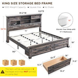 King Size Bed Frame with 54" Tall Headboard with 4 Storage Rack, 2 Drawers