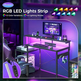 AODK Computer Desk, 48 Inch Gaming Desk with Led Lights & Power Outlet, Office Desk with Storage Shelves, Carbon Fiber Black