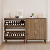 Smuxee Shoe Cabinet with 2 Flip Drawers, 31.5" Walnut Hidden Shoe Storage Cabinet with Line Groove Design, Freestanding Shoe Organizer Cabinet for Hallway, Entryway, Living Room