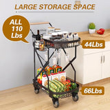 2-Tier Foldable Shopping Cart with Wheels for Groceries, Grocery Store Cart with 360° Rolling Swivel Wheels
