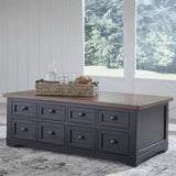 Signature Design by Ashley Wildenauer Lift Top Cocktail Table, Satin Finish Base, 2 Drawers, 2 Storage Bins, Hardwood Solids, 52" W x 28" D x 19" H, Light Brown & Black