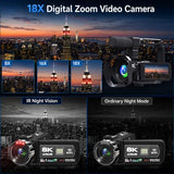 VETEK Video Camera 8k Camcorder 48MP UHD WiFi IR Night Vision Vlogging Camera for YouTube, 18X Digital Zoom 3.0“ LCD Screen Digital Camera with Microphone, 32G SD Card, Remote Control and 2 Batteries