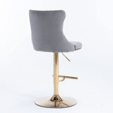 MOOLSUN Rotating Velvet Bar Stools Set of 4, Modern Padded with Nailhead Trim and Tufted Back, Adjustable Swivel Counter Height Stools for Kitchen Island, Bar, Club,Gray(Gold Base)