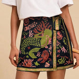 Talakeno Womens Summer Floral Wrap Short Skirt Tie Side High Waist A Line Beach Vacation Boho Mini Skirt(Black-Gold,L)