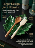 Large Double Spoon Rest Green Ceramic Maple Leaf for Stove Top and Counter