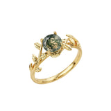 Oseew Natural Moss Agate Ring for Women 10K/14K/18K Solid Gold/Sterling Silve Round Cut Green Moss Agate Engagement Ring Personalized Wedding Promise Ring for Women(Yellow Gold)