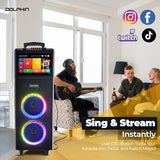 Dolphin Karaoke Box 2100R Rechargeable Portable Karaoke Machine – 2 Wireless Mics, 14" Touchscreen, Dual 10" Speakers, Voice Modulation, Bluetooth, USB, TF, FM, AUX, LED Lights PA System Sing & Stream