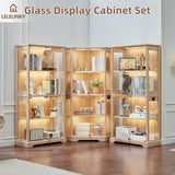 LELELINKY Farmhouse Glass Display Cabinet Set of 3 with Lock, Natural Wood