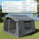 8㎡ Luxury Inflatable Camping Tent for 3–8 People, Dark Gray Tech-Cotton Fabric, 4-Season Family Inflatable House with Chimney Port and Transparent Skylight