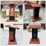 47’’ Wooden Podium Stand with Wheels, Portable Lectern Churches with 15 MM Particle Board, Pulpits Stand with Storage