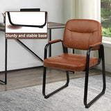 Leather Guest Chair with Padded Arms, Modern Brown Office Desk Chairs with Sled Base for Office Meeting
