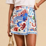 Talakeno Womens Summer Floral Wrap Short Skirt Tie Side High Waist A Line Beach Vacation Boho Mini Skirt(Sky-Blue,XL)