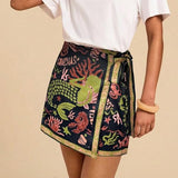 Talakeno Womens Summer Floral Wrap Short Skirt Tie Side High Waist A Line Beach Vacation Boho Mini Skirt(Black-Gold,L)