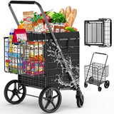 455lbs Shopping Cart for Groceries, Large Heavy Duty Grocery Cart on Wheels, Folding Dual Basket Utility Carts with Waterproof Liner