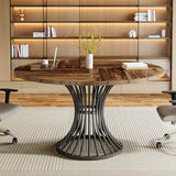 Round Conference Table for 4-6, 47-Inch Conference Room Table with Thickened Tabletop and Metal Base, Rustic Brown