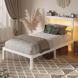 HAY.com Twin Size Bed Frame with LED Light & Charging Station, Metal Platform Bed with Storage Headboard & Under-Bed Storage, Heavy Duty Slats Support, No Box Spring Needed, Noise-Free, White
