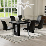 64.5" Dining Room Table Set for 6, 64.5" Modern Black Wood Grain Kitchen Table Set with Tempered Glass Inlay & Dual Pedestal Base