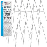 Art Supply 66" High Gallery Silver Metal Display Easel (10 Pack) - Large Adjustable Height Portable Easel Stand