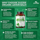 Zazzee USDA Organic Lemon Balm 10:1 Extract, 180 Capsules, 6 Month Supply