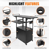 AV Cart with Locking Cabinet and Drop Leaves, Height Adjustable Steel AV Cart with Wheels and Power