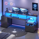SEDETA Computer Desk with 5 Drawer, Power Outlet & Led Lights, 66'' Home Office