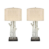 Pemberly Row 29.5" Birchwood Coastal Table Lamps, Whitewash Finish, Set of 2, Nature-Inspired Design with USB Port, Linen Shade, 3-Way Switch, Modern Rustic Lighting for Bedroom, Living Room, Office